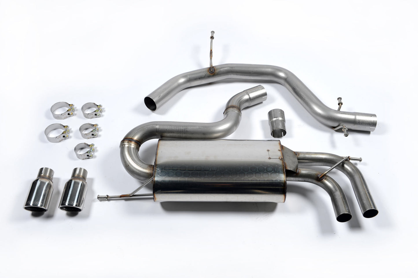 Audi A3/Seat Cupra + Leon/VW Golf MK5 GTI 2.0T - Non-Resonated (Louder) Cat-Back Exhaust System with Polished Trims with Twin Polished Trims