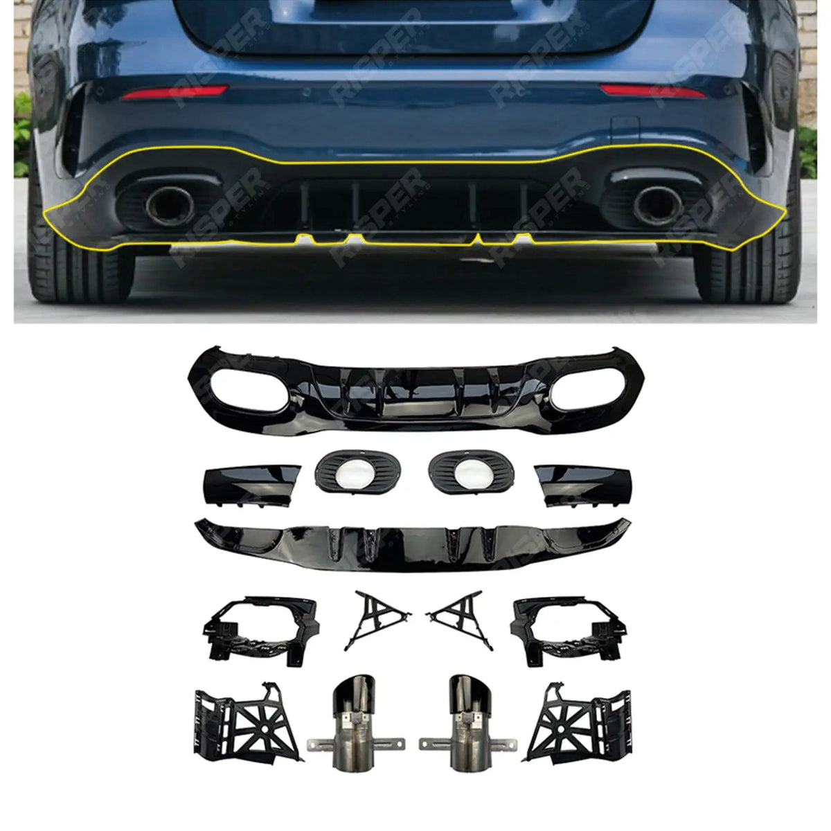 Rear Diffuser With Tips Gloss Black For Mercedes A Class AMG LINE 2018-2024 Hatchback A35 AMG