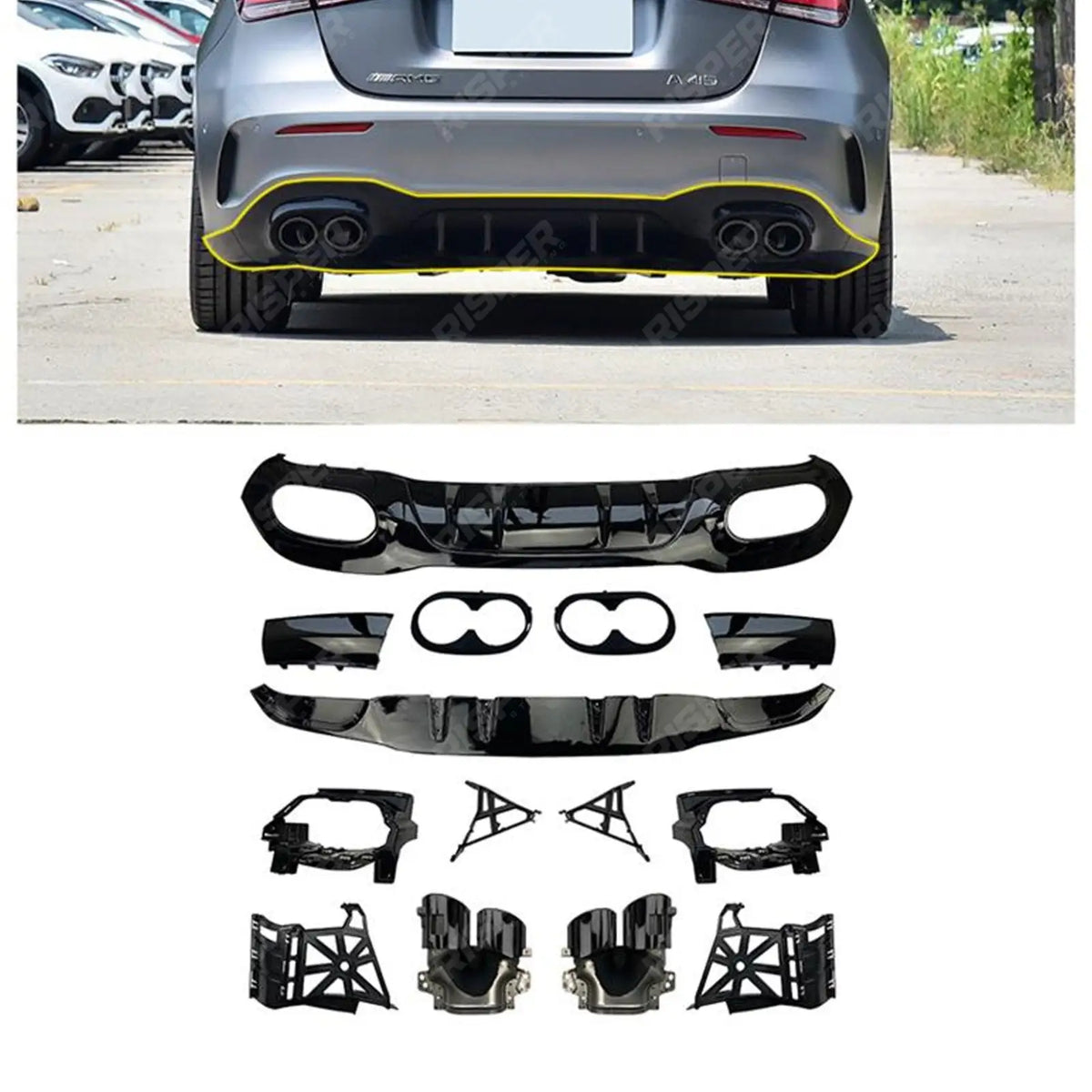 Rear Diffuser With Tips Gloss Black For Mercedes A Class AMG LINE 2018-2024 Hatchback A45 AMG
