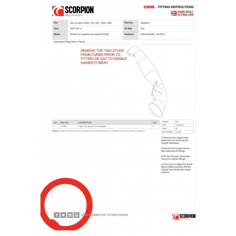 Scorpion Exhausts - Mini Cooper S R55 / R56 / R57 / R58 / R59 Sports Cat Downpipe SMNX011 - TMC Motorsport