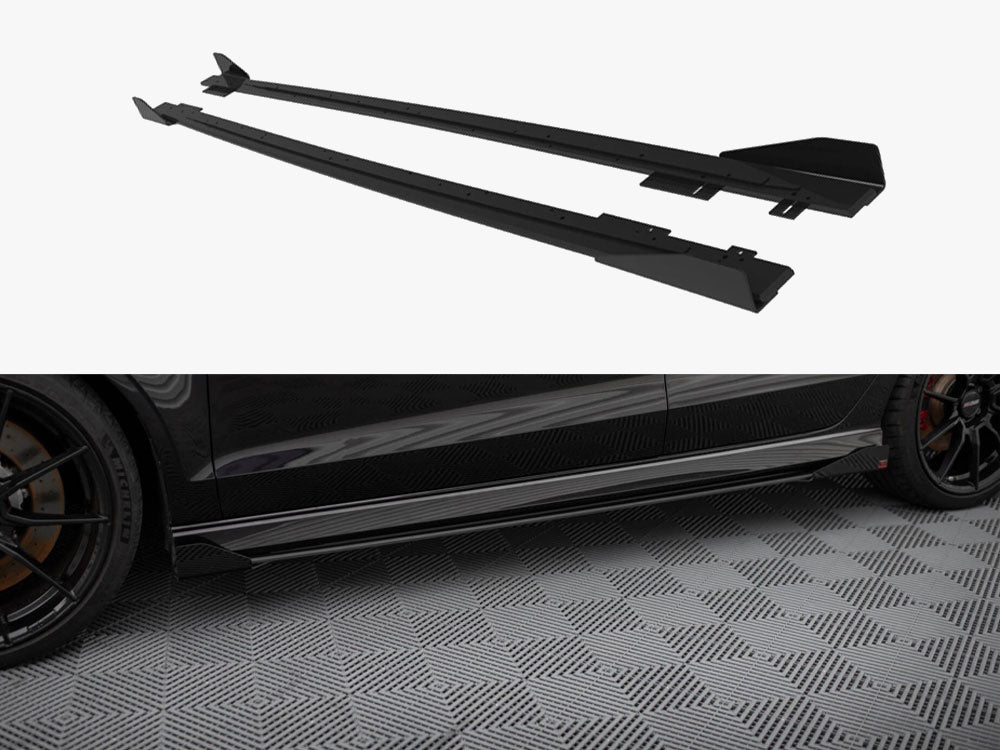 Maxton Design Street PRO Side Skirts Diffusers V.1 + Flaps Audi RS3 Sedan 8V Facelift - Black-Red + Gloss Flaps