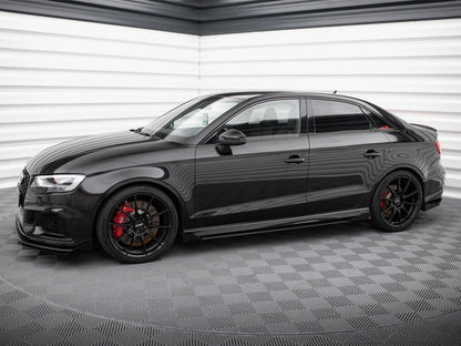 Maxton Design Street PRO Side Skirts Diffusers V.1 + Flaps Audi RS3 Sedan 8V Facelift - Black-Red + Gloss Flaps