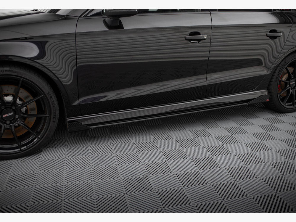 Maxton Design Street PRO Side Skirts Diffusers V.1 + Flaps Audi RS3 Sedan 8V Facelift - Black-Red + Gloss Flaps