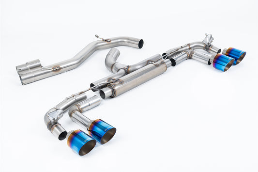 Audi S3 8Y Sportback GPF models - 'Race' 80mm Non-Resonated (Loudest) Cat-Back Exhaust System with Burnt/Blue Titanium Trims