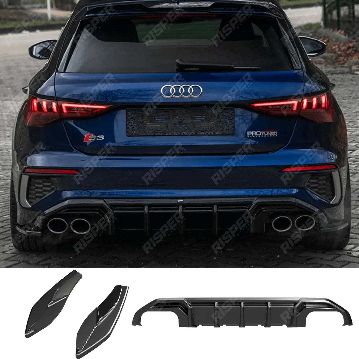 Audi S3 8Y 2020-2024 Rear Diffuser Valance / A3 S-LINE 8Y 2020-2024 Rear Diffuser Valance In Gloss Black