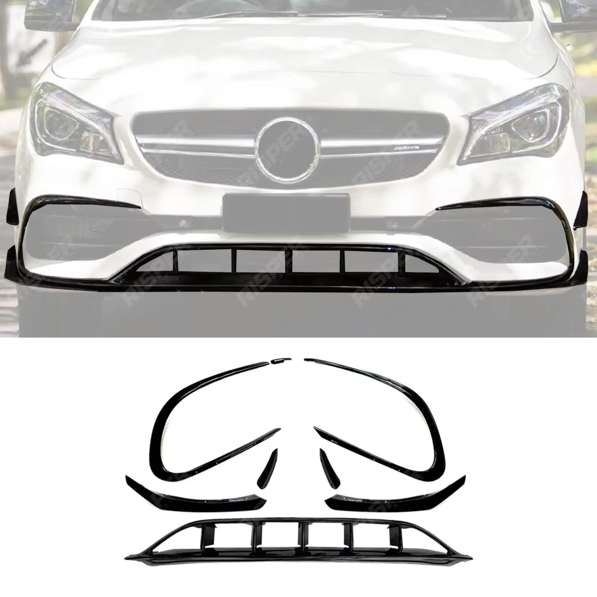 FRONT SPLITTER LIP WITH CANARDS IN GLOSS BLACK For MERCEDES CLA C117 AMG LINE 2016-2019
