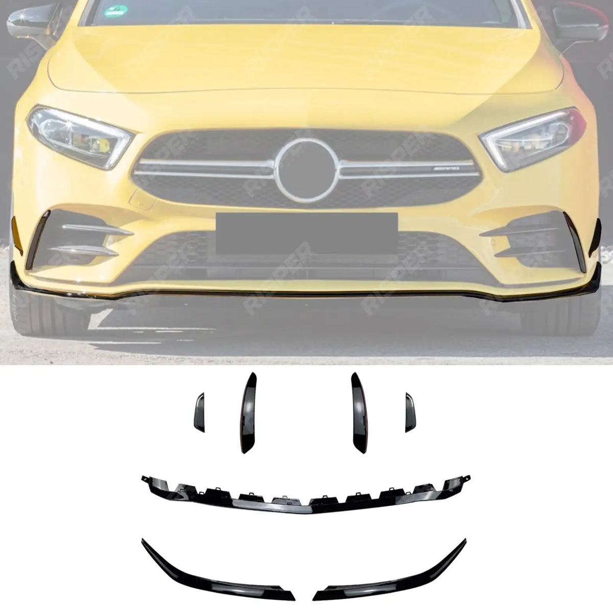 FRONT SPLITTER WITH CANARDS IN GLOSS BLACK For MERCEDES A CLASS AMG LINE W177 FACELIFT 2023+