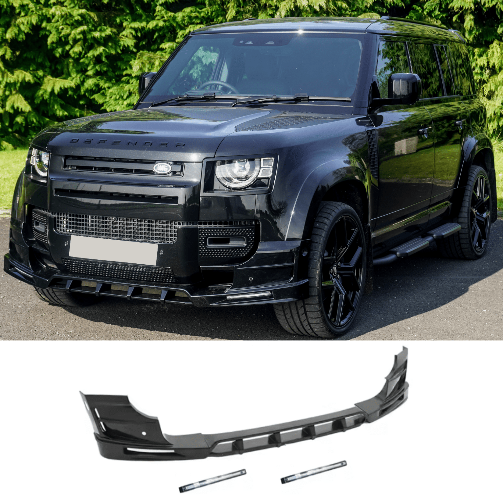 Land Rover Defender L663 2020 On - V2 Front Bumper Splitter With Led's In Gloss Black - TMC Motorsport