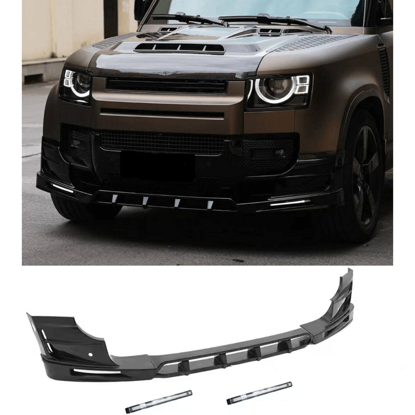 Land Rover Defender L663 2020 On - V2 Front Bumper Splitter With Led's In Gloss Black - TMC Motorsport