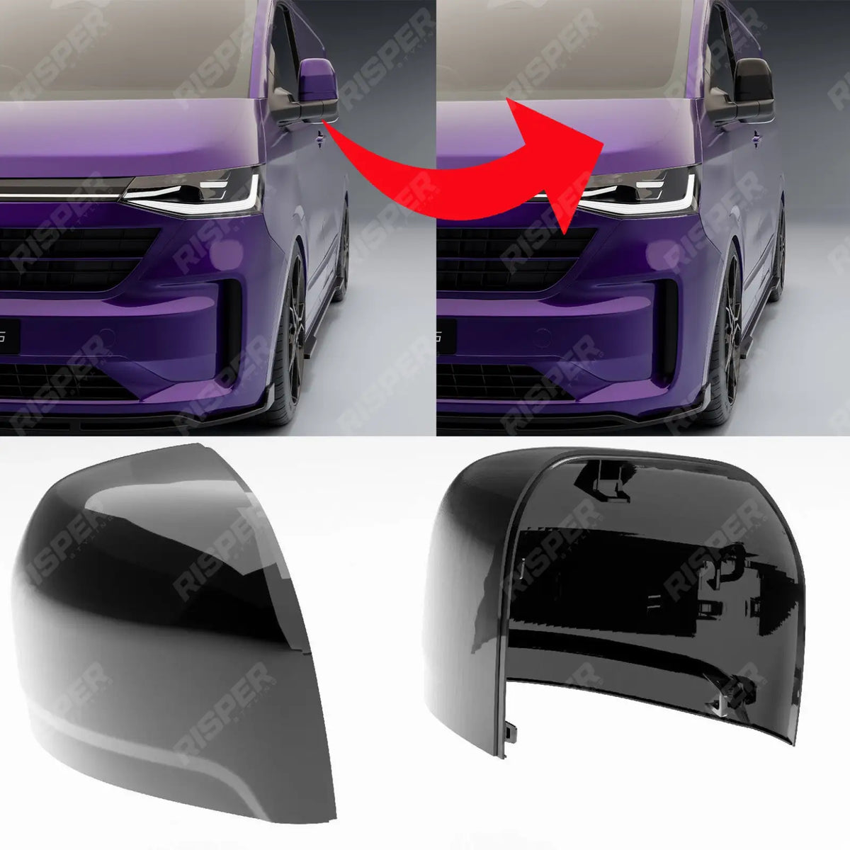 Mirror Cap Replacement Covers In Gloss Black For Volkswagen Transporter T7 2025+