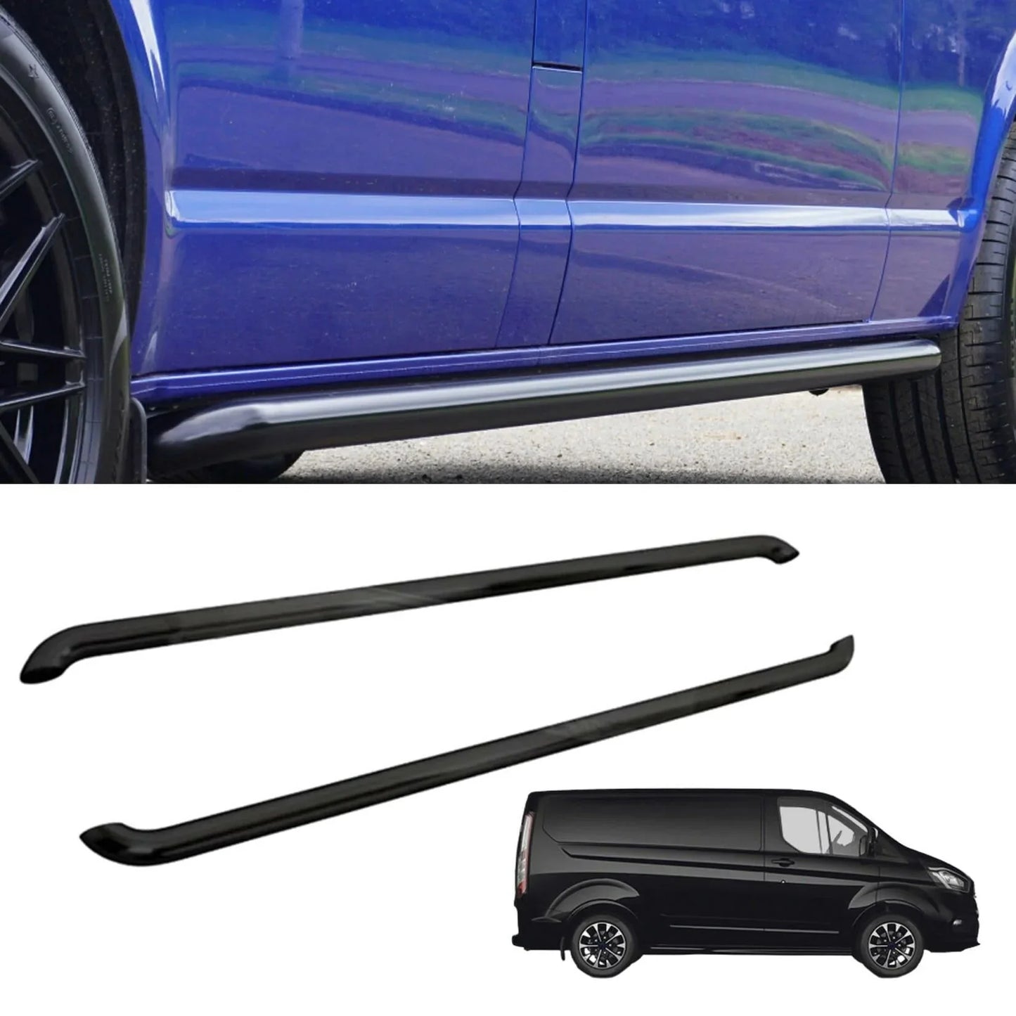 Ford Transit Custom Lwb 2018-2023 2.4 Inch Gloss Black Oe Style Sportline Side Bars - Pair - TMC Motorsport