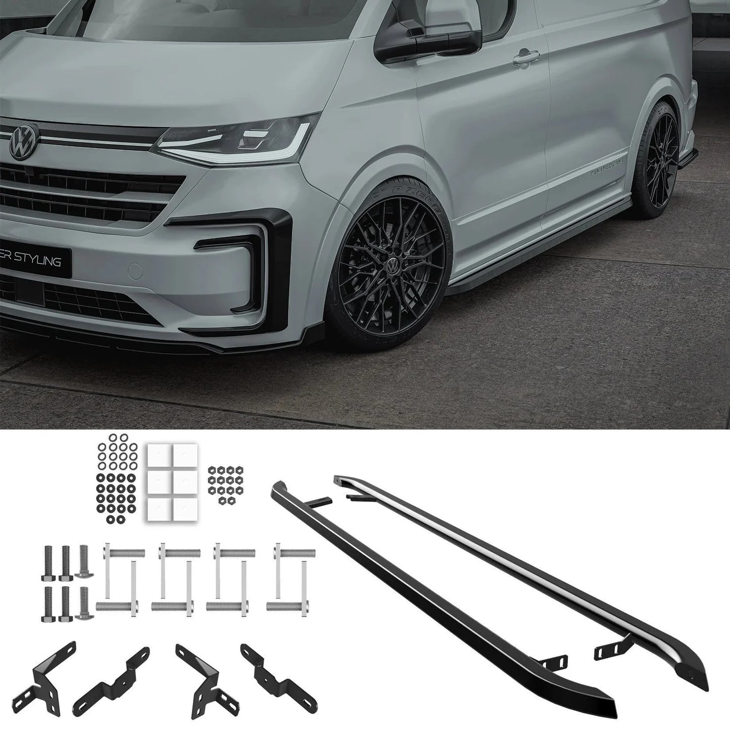 Volkswagen Transporter SWB T7 2025 on Trapezoid Side Bars In Gloss Black - TMC Motorsport