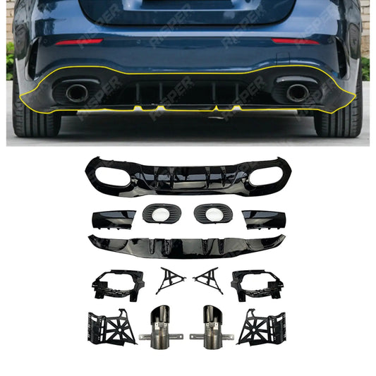 Rear Diffuser With Tips Gloss Black For Mercedes A Class AMG LINE 2018-2024 Hatchback A35 AMG