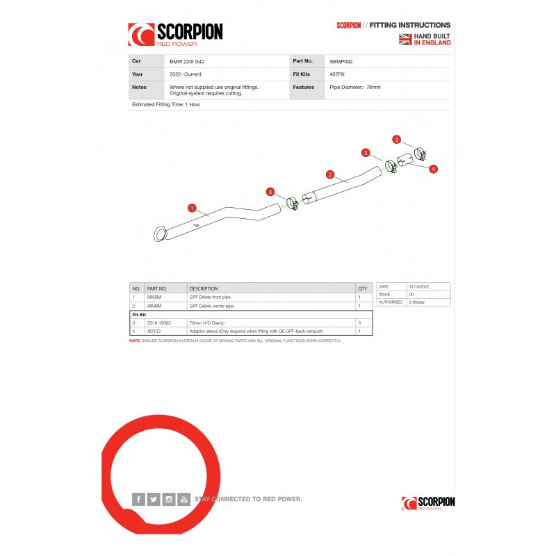 Scorpion Exhausts - BMW 220i G42 GPF Delete Pipe Removes OE GPF SBMP092 - TMC Motorsport