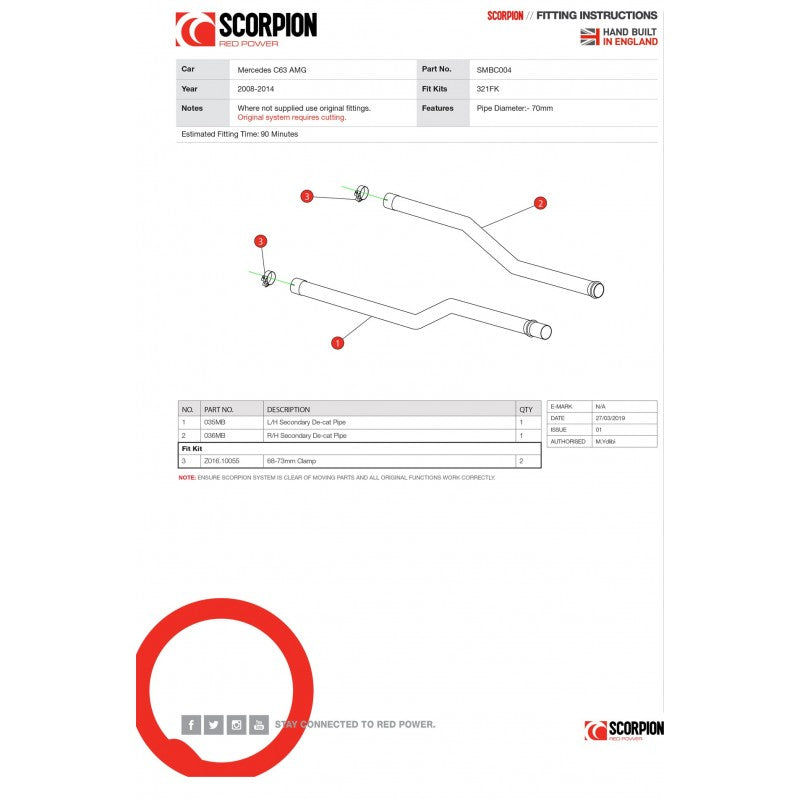 Scorpion Exhausts - Mercedes C-Class C63 AMG W204 2008 - 2014 Secondary De-Cat Pipes SMBC004 - TMC Motorsport