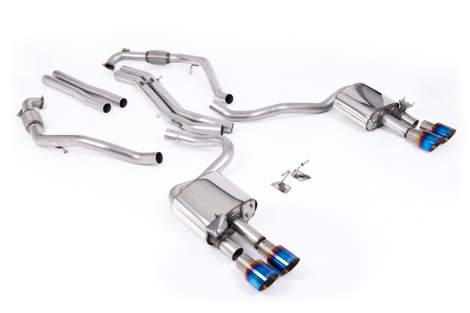 Audi S5 B9 Sport Diff models with Brace Bars - Non-Resonated Cat-Back (Louder) with Quad Burnt/Blue Titanium Trims