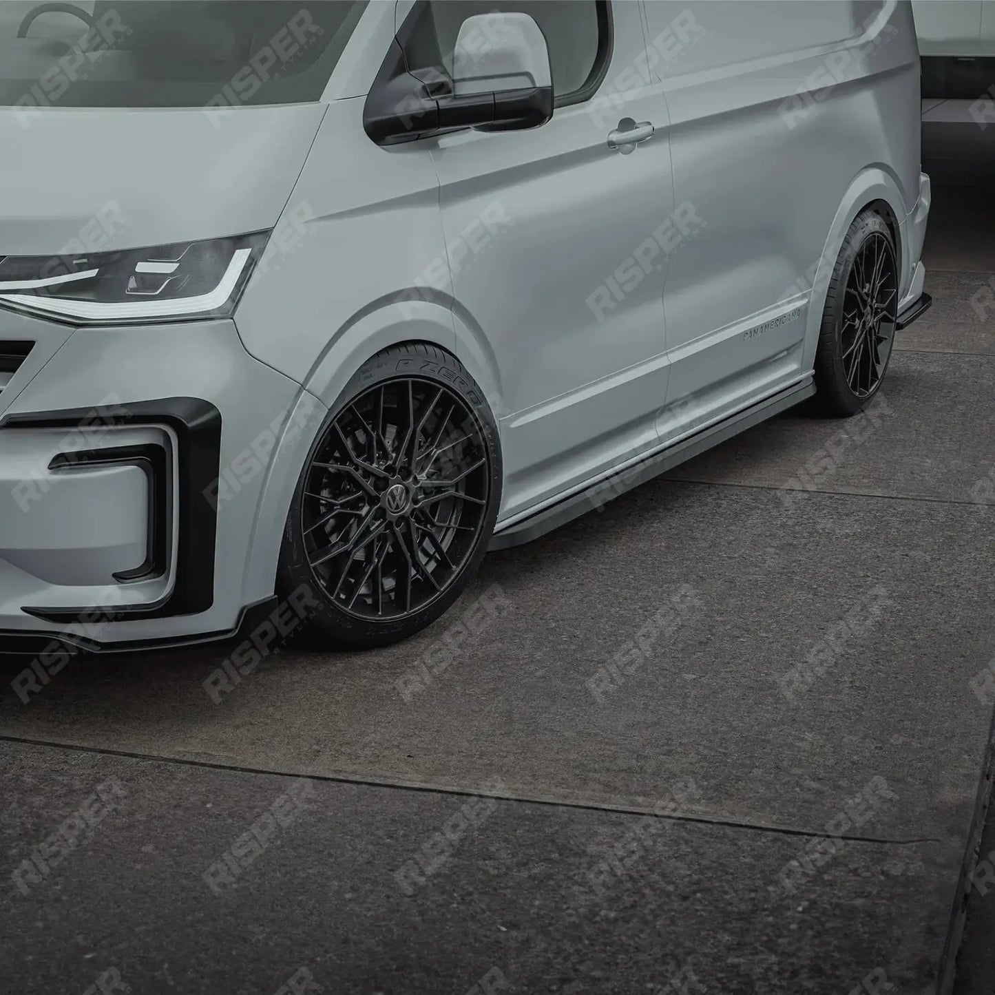 Volkswagen Transporter LWB T7 2025 on Trapezoid Side Bars In Gloss Black